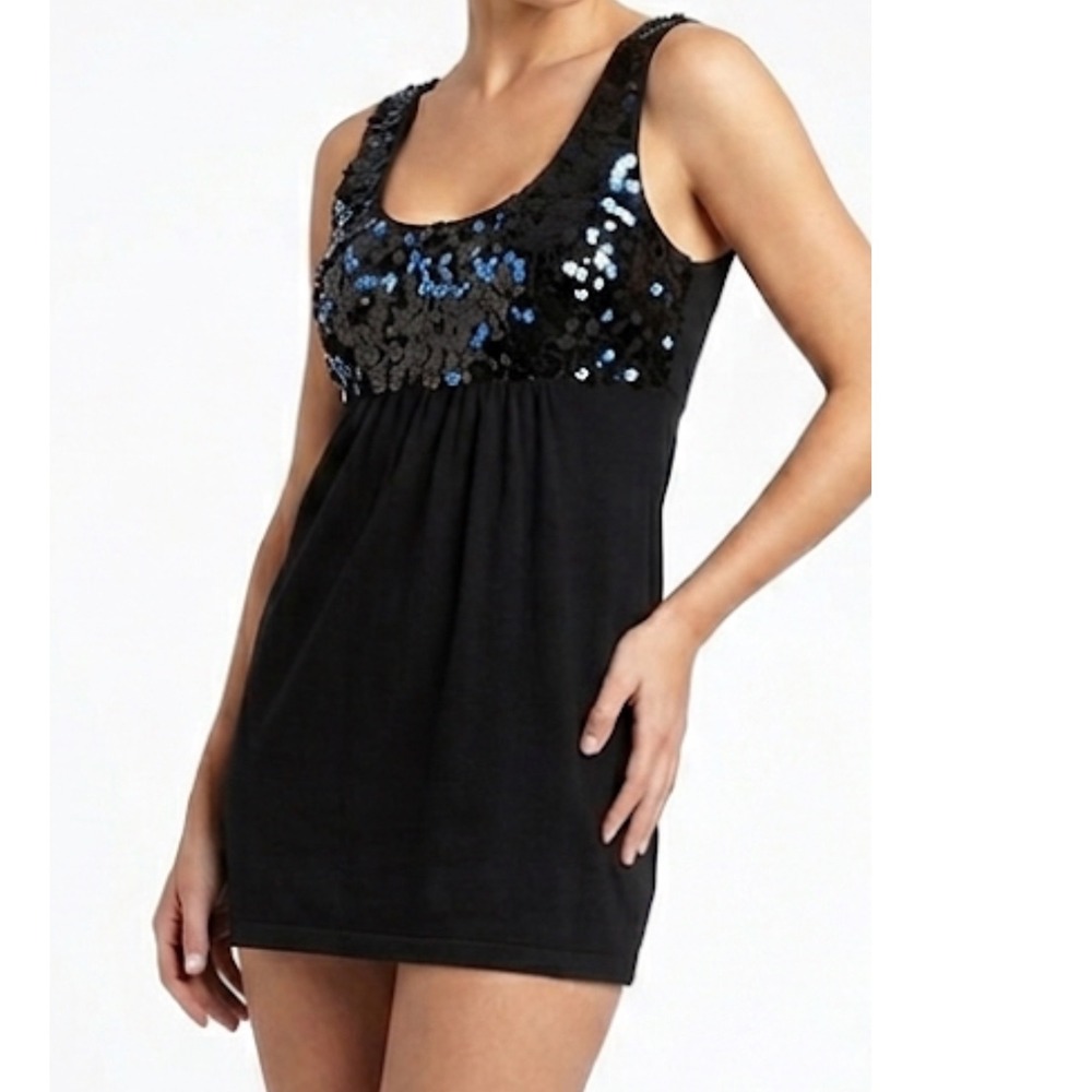 JJ Basic Black Sequin Empire Waist Knit Tunic Top Sleeveless Mini Dress Y2K